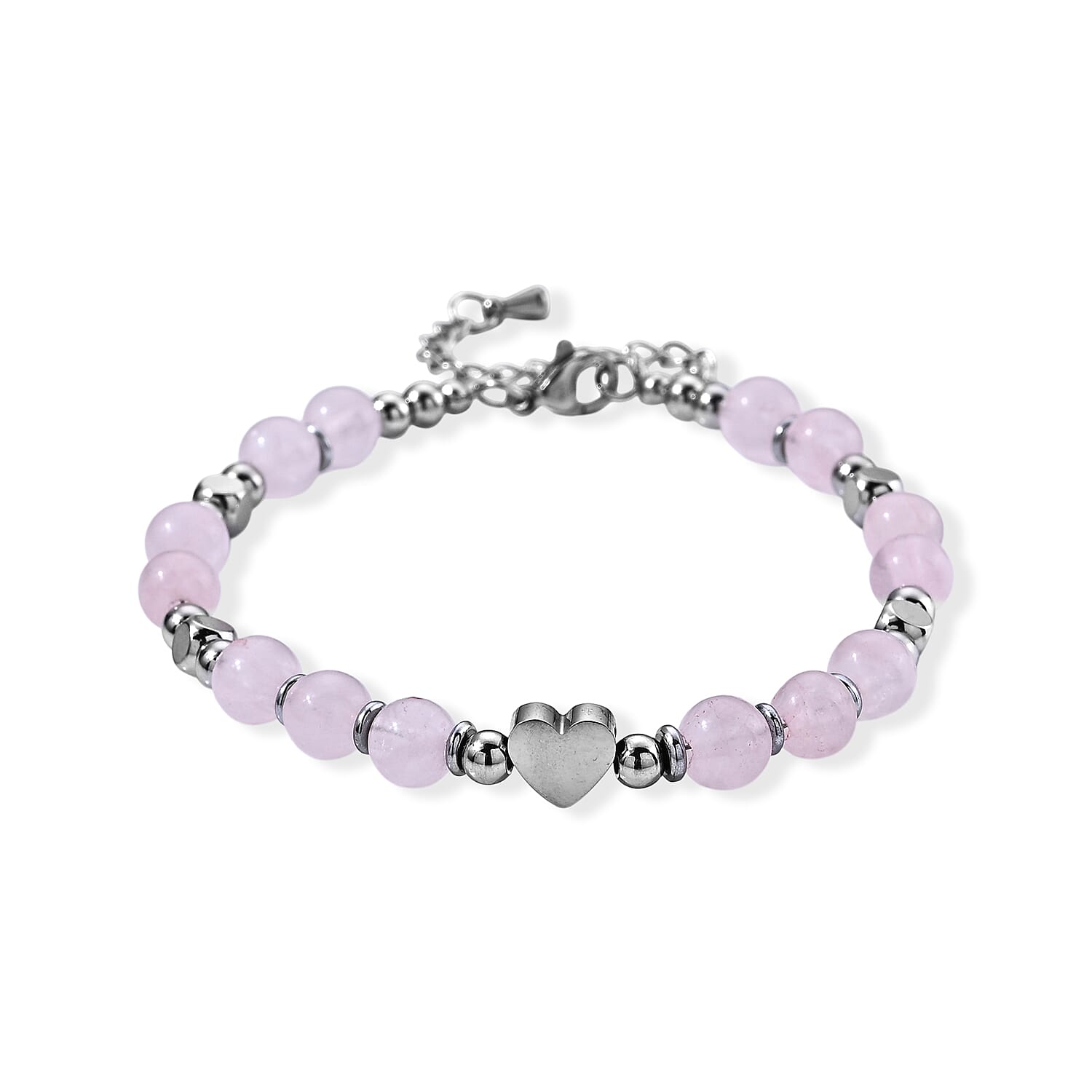 Rose Quartz 30.00 ctw Beaded Bracelet in Stainless Steel (6.75-8.75In)