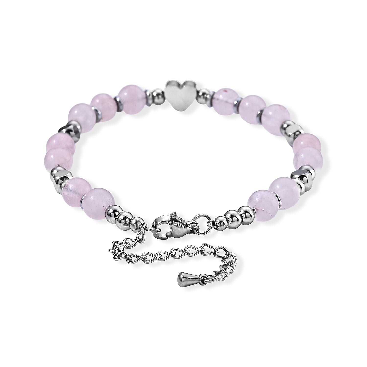 Rose Quartz 30.00 ctw Beaded Bracelet in Stainless Steel (6.75-8.75In)