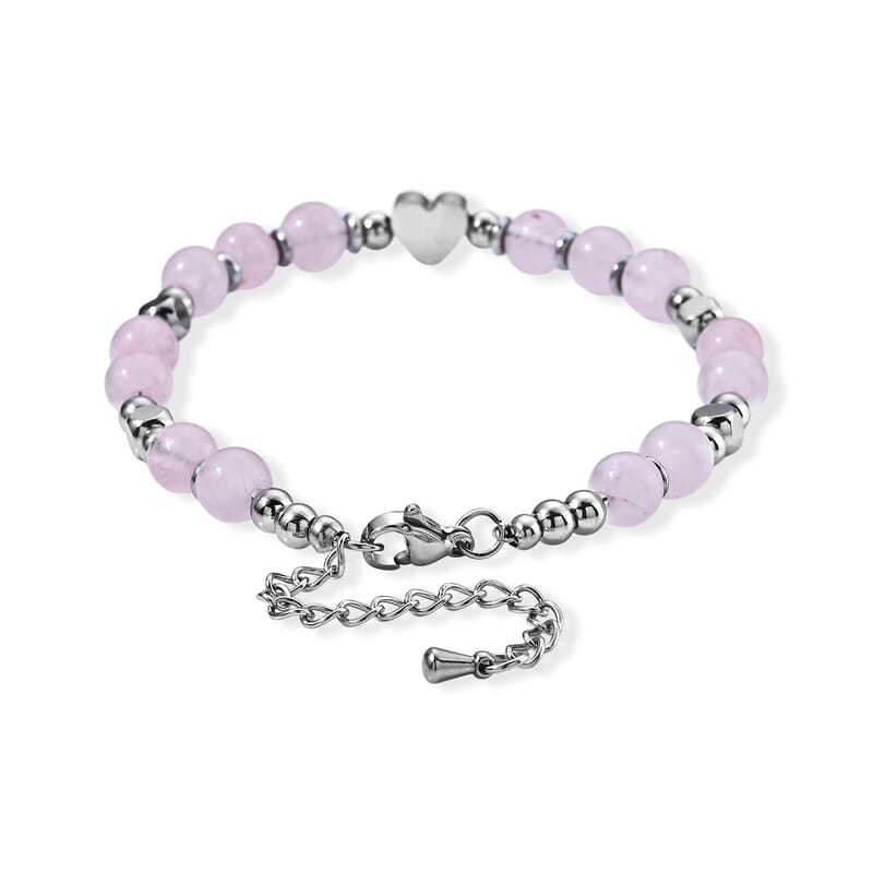 Rose Quartz 30.00 ctw Beaded Bracelet in Stainless Steel (6.75-8.75In)