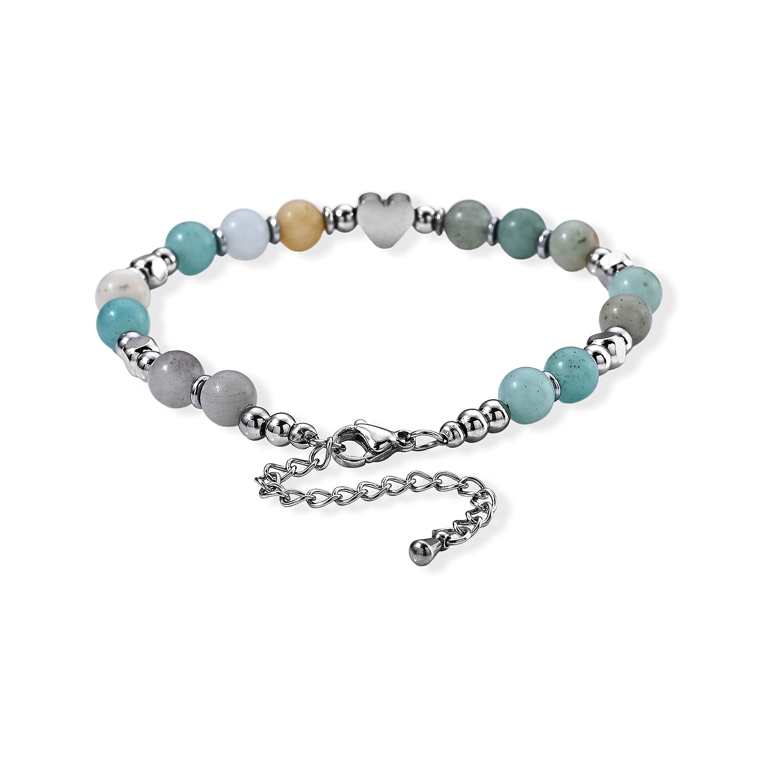 Amazonite 30.00 ctw Beaded Bracelet in Stainless Steel (6.75-8.75In)
