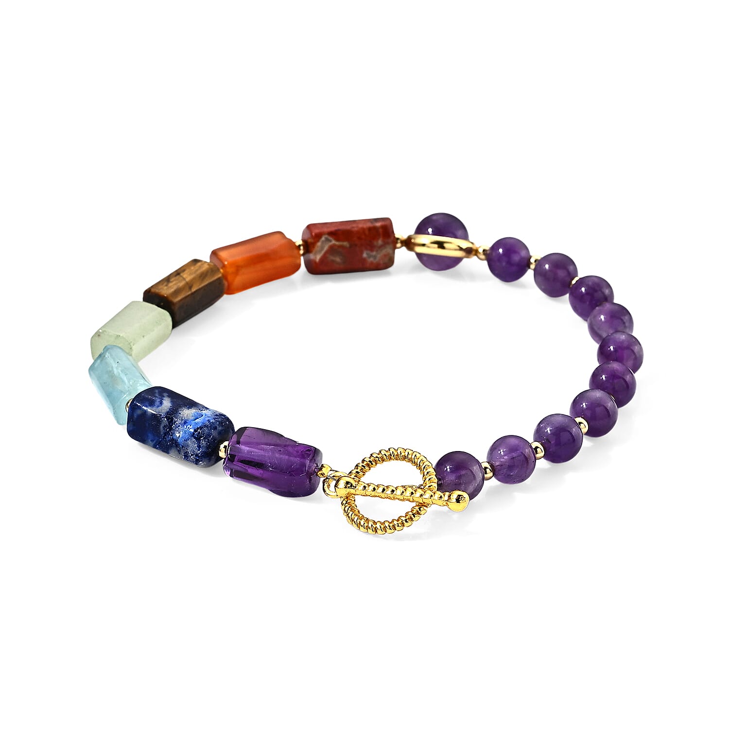 African Amethyst and Multi Gemstone 45.00 ctw Beaded Bracelet (Adjustable) in Goldtone