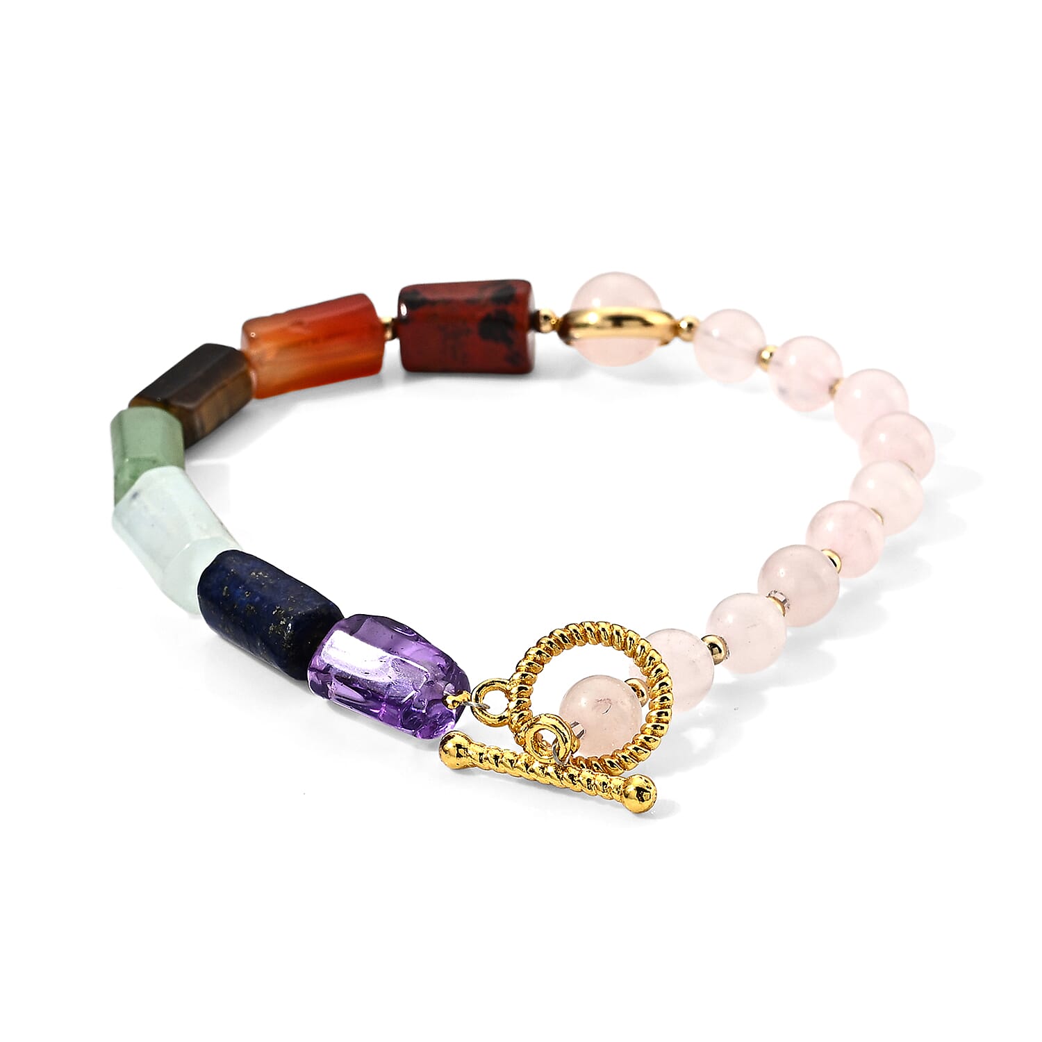 Rose Quartz and Multi Gemstone 45.00 ctw Beaded Bracelet (Adjustable) in Goldtone