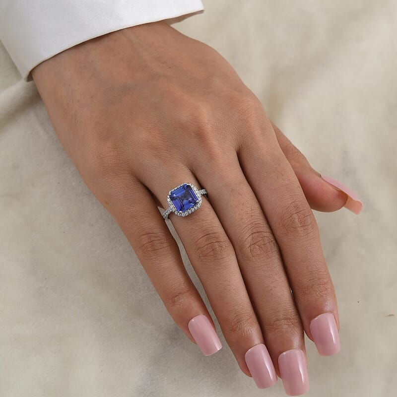 Certified and Appraised Rhapsody 950 Platinum AAAA Asscher Cut Tanzanite, Diamond (E-F, VS) (0.49cts) Ring (Size 5.0) (5.50 g) 4.22 ctw