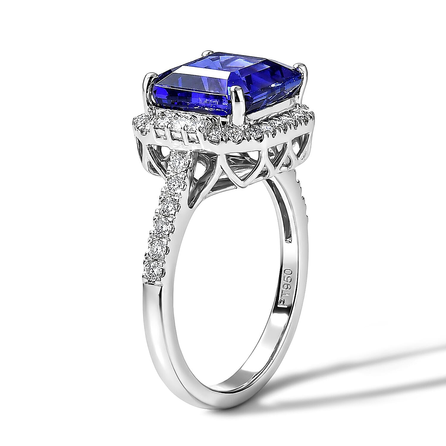 Certified and Appraised Rhapsody 950 Platinum AAAA Asscher Cut Tanzanite, Diamond (E-F, VS) (0.49cts) Ring (Size 5.0) (5.50 g) 4.22 ctw