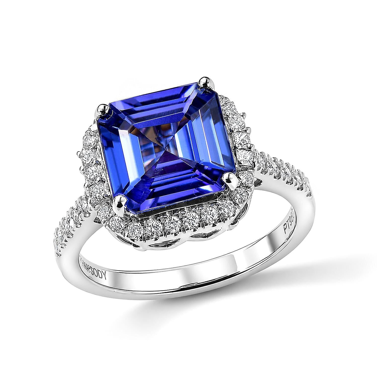 Certified and Appraised Rhapsody 950 Platinum AAAA Asscher Cut Tanzanite, Diamond (E-F, VS) (0.49cts) Ring (Size 5.0) (5.50 g) 4.22 ctw