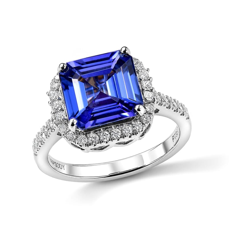 Certified and Appraised Rhapsody 950 Platinum AAAA Asscher Cut Tanzanite, Diamond (E-F, VS) (0.49cts) Ring (Size 5.0) (5.50 g) 4.22 ctw