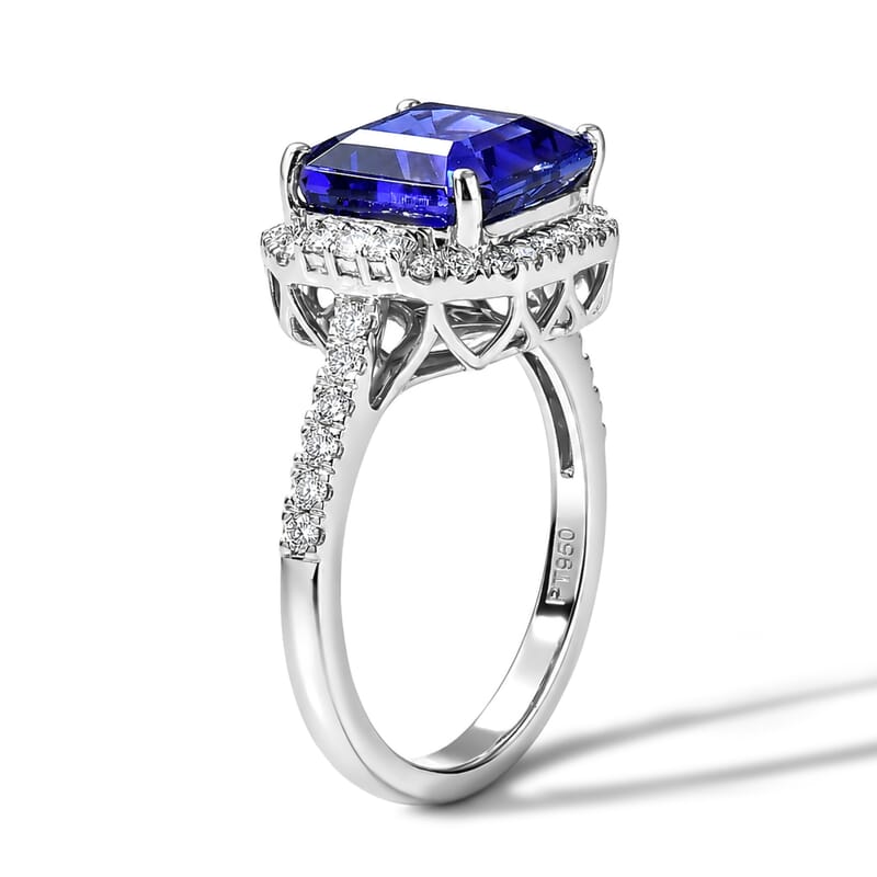 Certified and Appraised Rhapsody AAAA Asscher Cut Tanzanite and Diamond E-F VS 4.22 ctw Ring in 950 Platinum (Size 7.0) 5.50 Grams