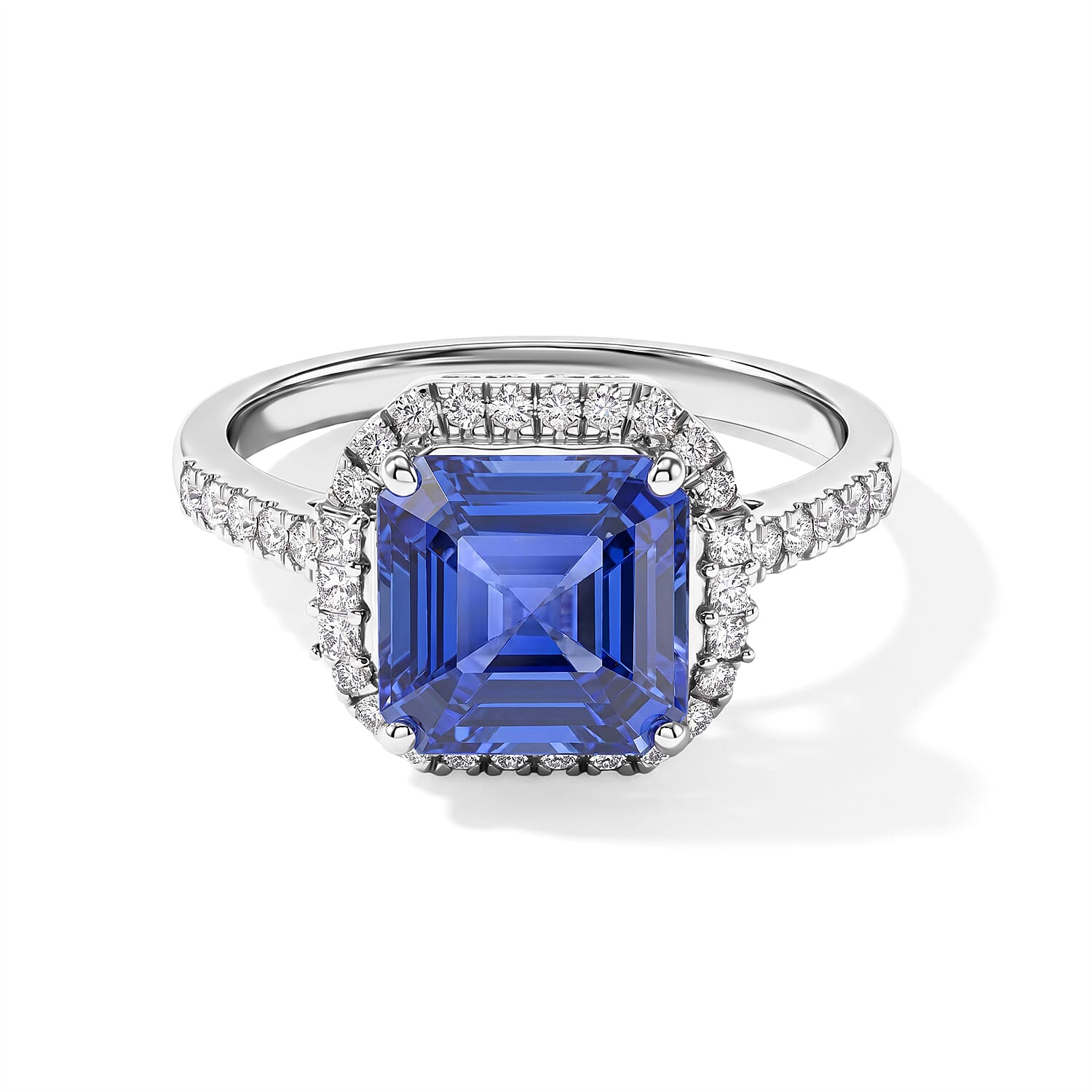 Certified and Appraised Rhapsody AAAA Asscher Cut Tanzanite and Diamond E-F VS 4.22 ctw Ring in 950 Platinum (Size 8.0) 5.50 Grams