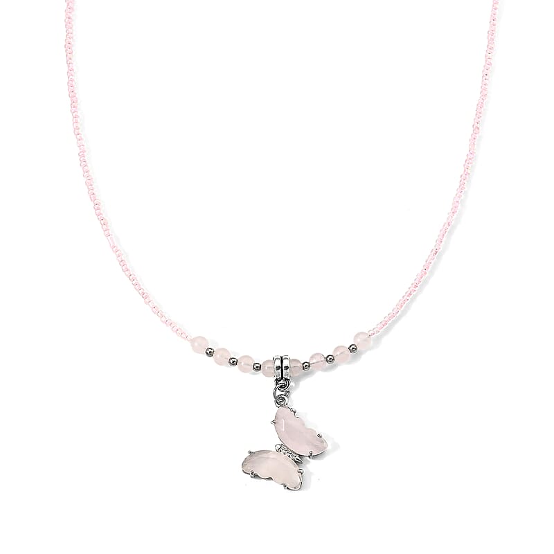 Rose Quartz, Simulated Diamond and Glass 15.00 ctw Beaded Necklace in Stainless Steel 19-20.5 Inches