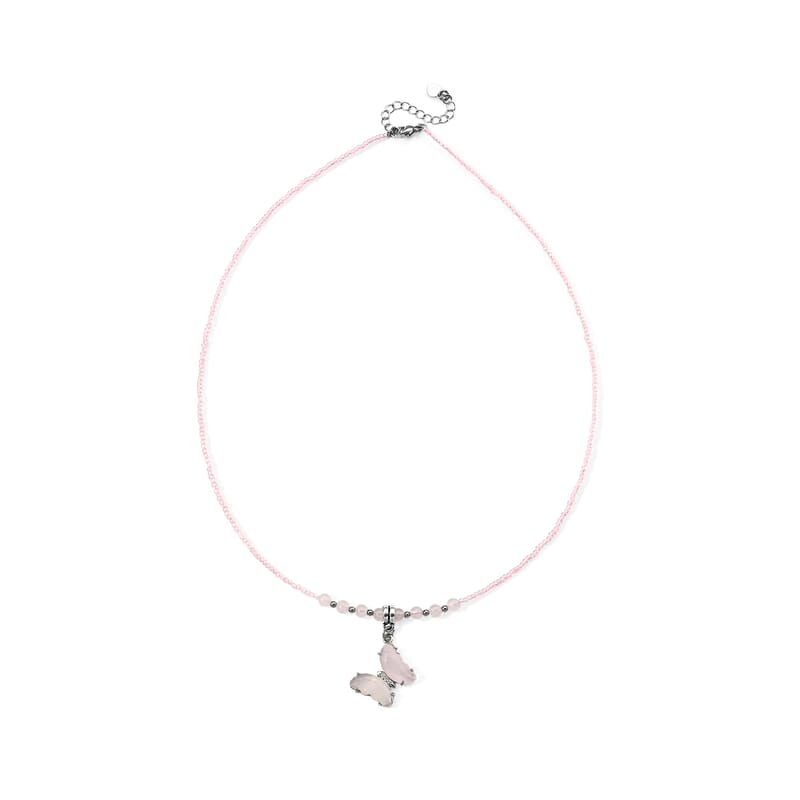 Rose Quartz, Simulated Diamond and Glass Beaded 15.00 ctw Butterfly Necklace in Stainless Steel 19-20.5 Inches