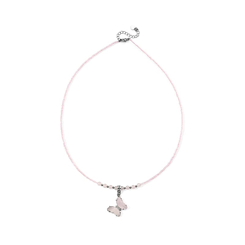 Rose Quartz, Simulated Diamond and Glass 15.00 ctw Beaded Necklace in Stainless Steel 19-20.5 Inches