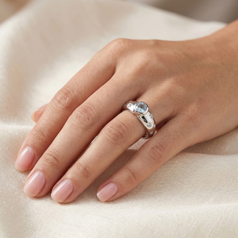 Aquamarine and Simulated Diamond 1.00 ctw Ring in Sterling Silver (Size 8.0)