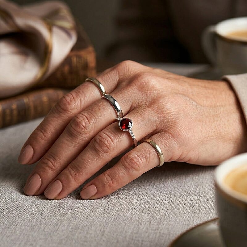 Mozambique Garnet and Simulated Diamond 0.65 ctw Ring in Sterling Silver (Size 8.0)
