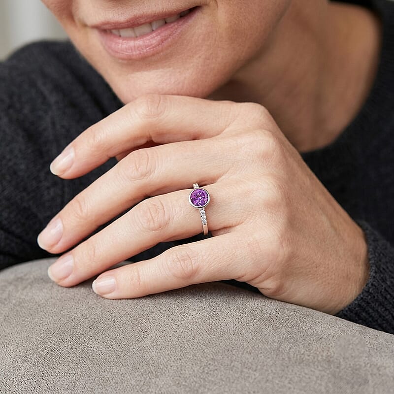 Amethyst and Simulated Diamond 0.65 ctw Ring in Sterling Silver (Size 7.0)