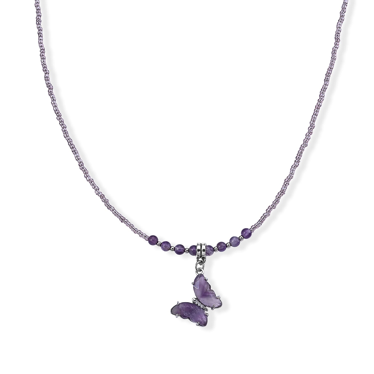African Amethyst, Simulated Diamond and Glass Beaded 15.00 ctw Butterfly Necklace in Stainless Steel 19-20.5 Inches