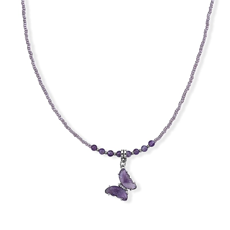 African Amethyst, Simulated Diamond and Glass Beaded 15.00 ctw Butterfly Necklace in Stainless Steel 19-20.5 Inches