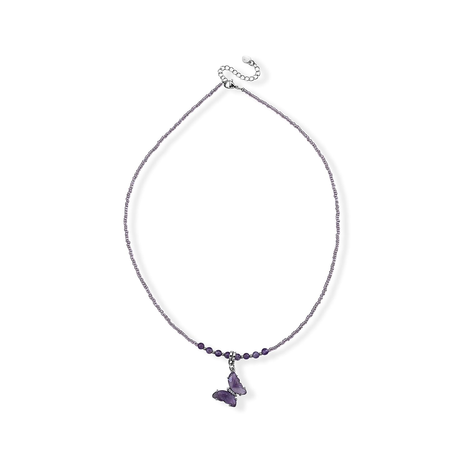 African Amethyst, Simulated Diamond and Glass Beaded 15.00 ctw Butterfly Necklace in Stainless Steel 19-20.5 Inches