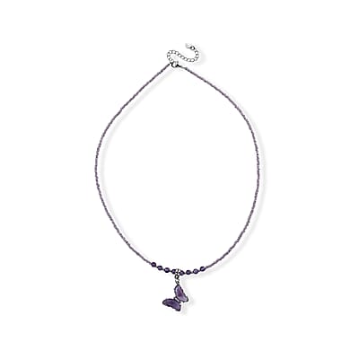 African Amethyst, Simulated Diamond and Glass Beaded 15.00 ctw Butterfly Necklace in Stainless Steel 19-20.5 Inches