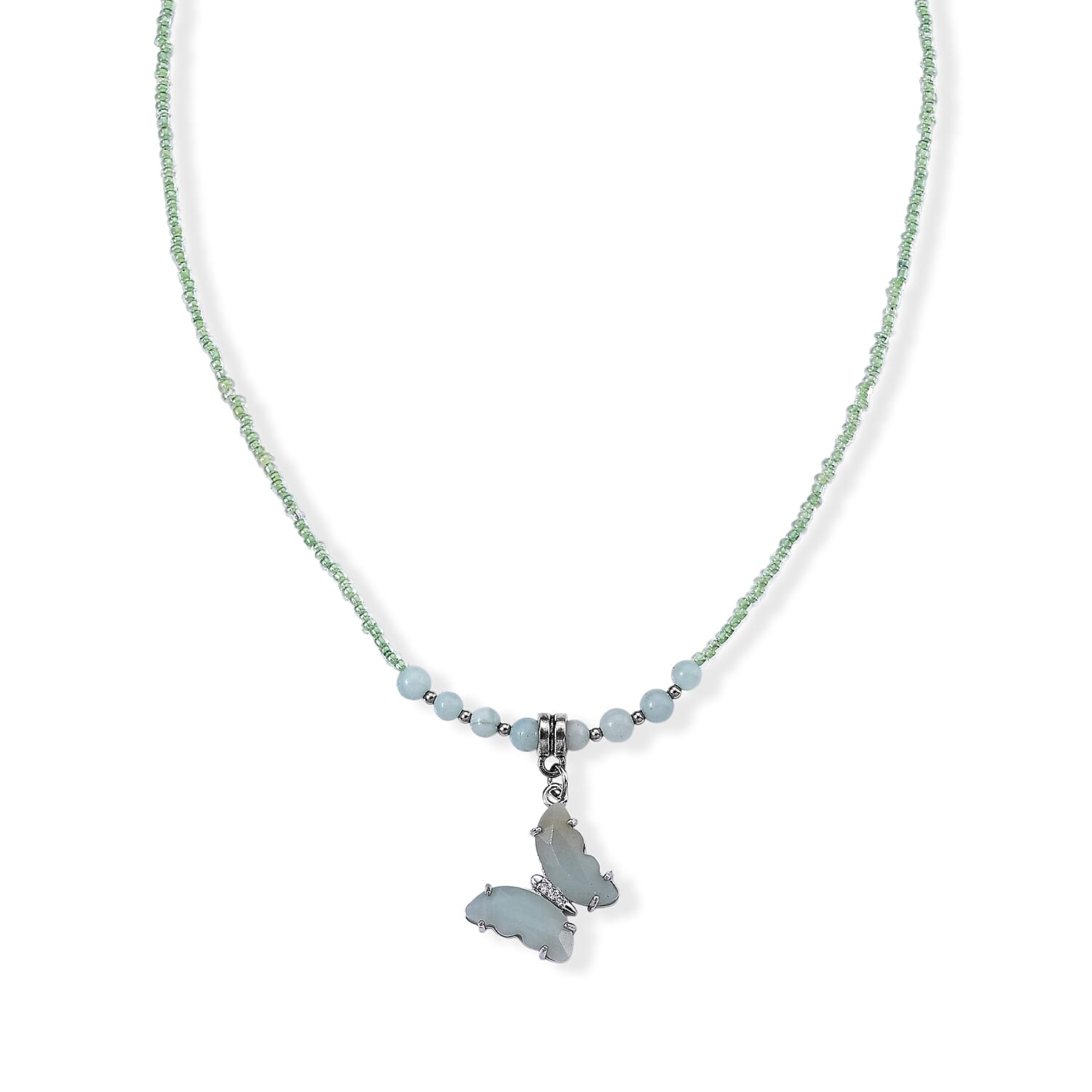 Amazonite, Simulated Diamond and Glass Beaded Butterfly Necklace (19-20.5 Inches) in Stainless Steel 15.00 ctw