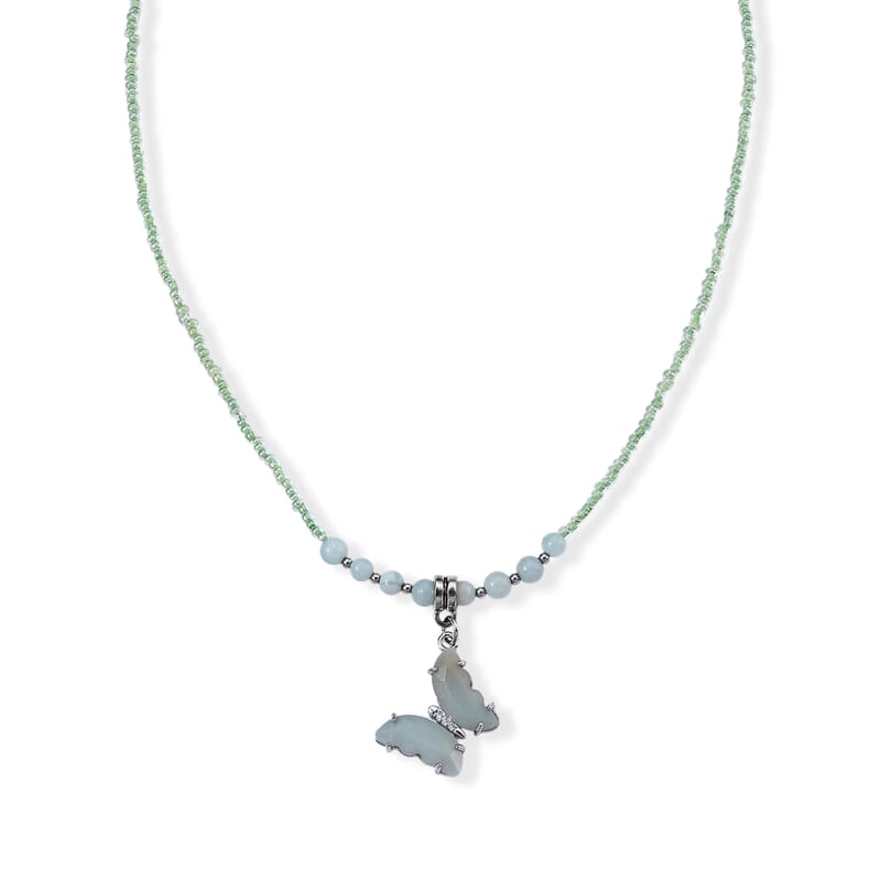 Amazonite, Simulated Diamond and Glass Beaded Butterfly Necklace (19-20.5 Inches) in Stainless Steel 15.00 ctw