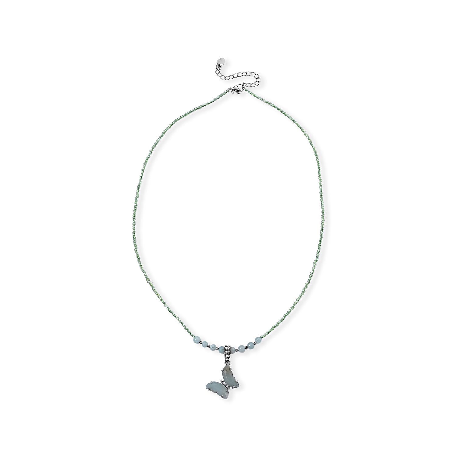 Amazonite, Simulated Diamond and Glass Beaded Butterfly Necklace (19-20.5 Inches) in Stainless Steel 15.00 ctw