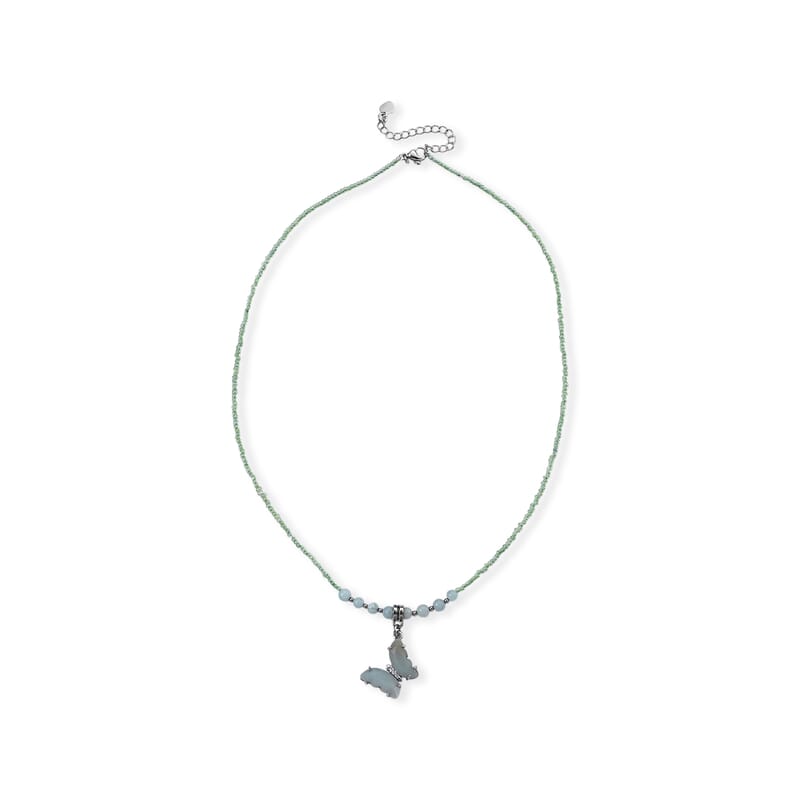 Amazonite, Simulated Diamond and Glass Beaded Butterfly Necklace (19-20.5 Inches) in Stainless Steel 15.00 ctw