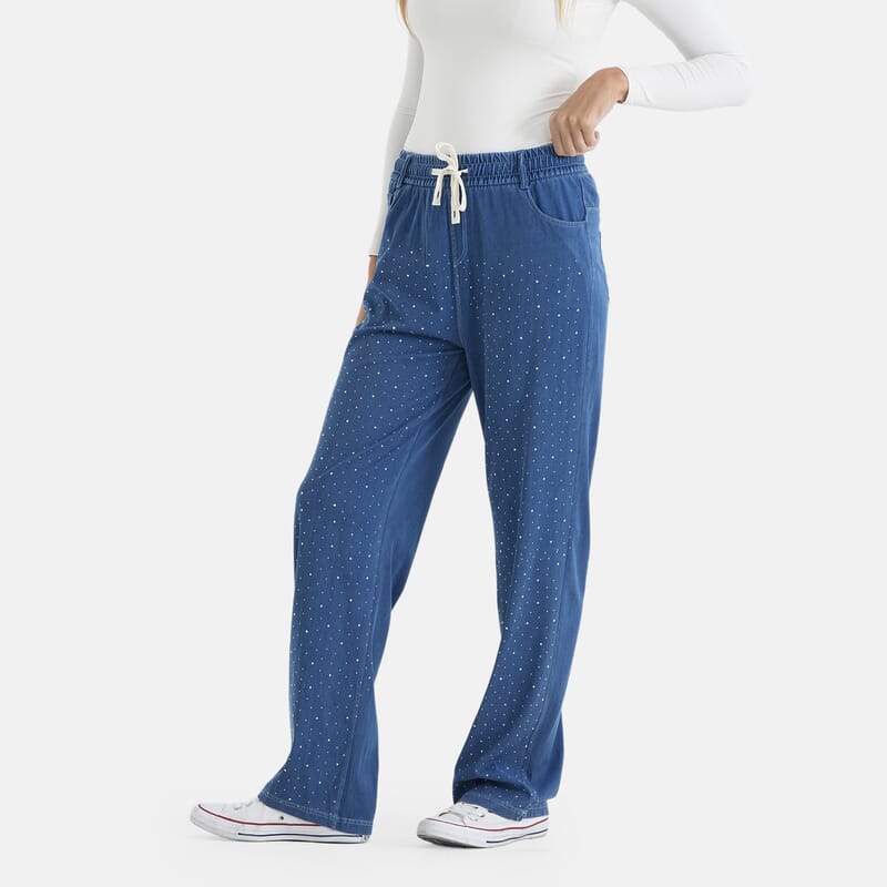 La Marey Dark Blue Crystal Rhinestone Denim Pant - One Size Missy