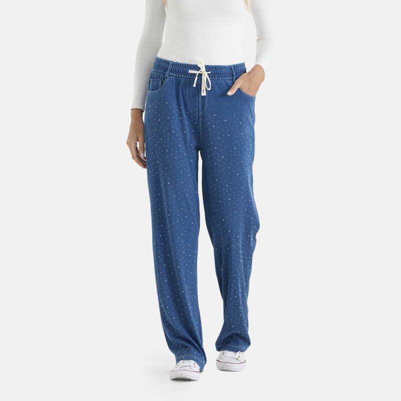 La Marey Dark Blue Crystal Rhinestone Denim Pant - One Size Missy