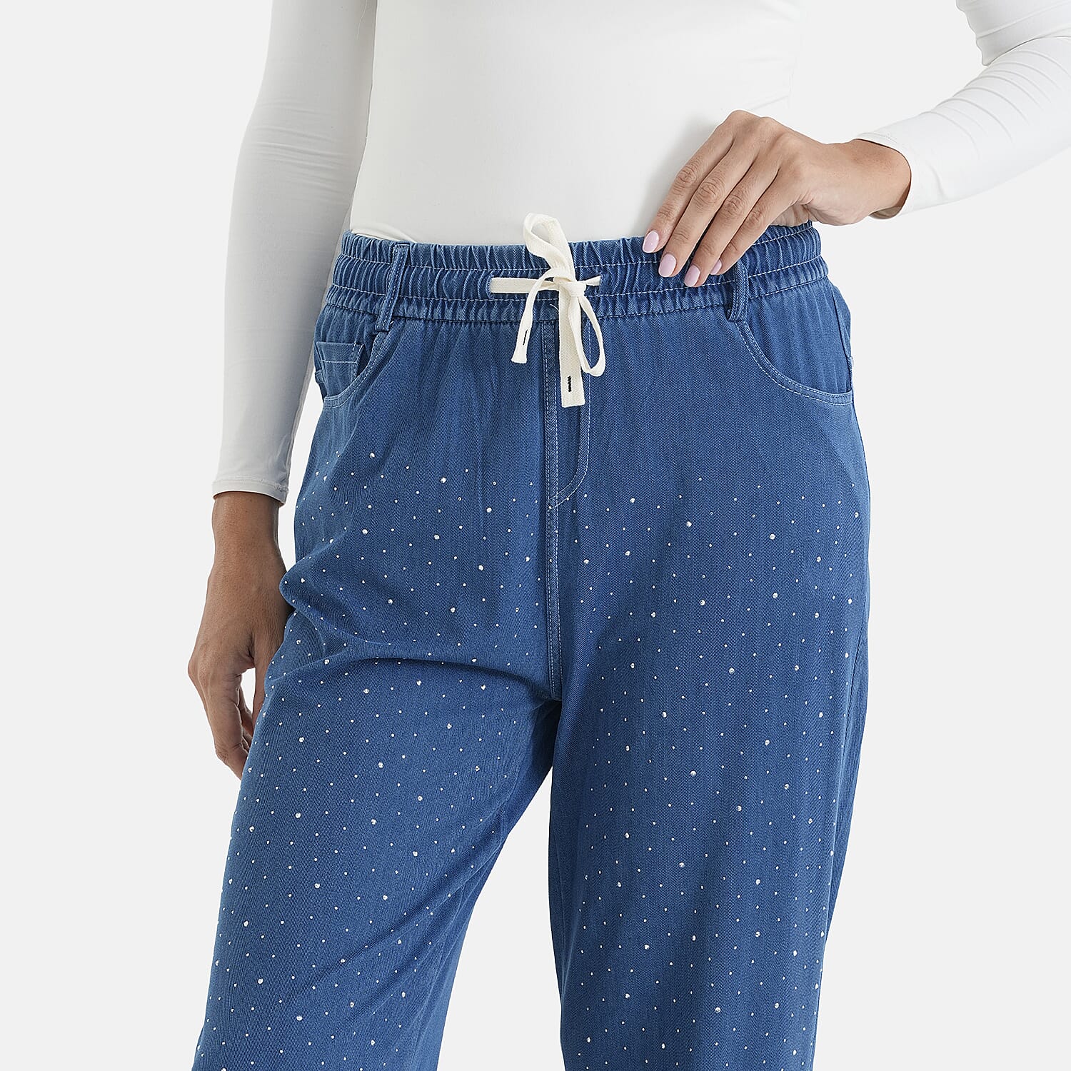 La Marey Dark Blue Crystal Rhinestone Denim Pant - One Size Missy