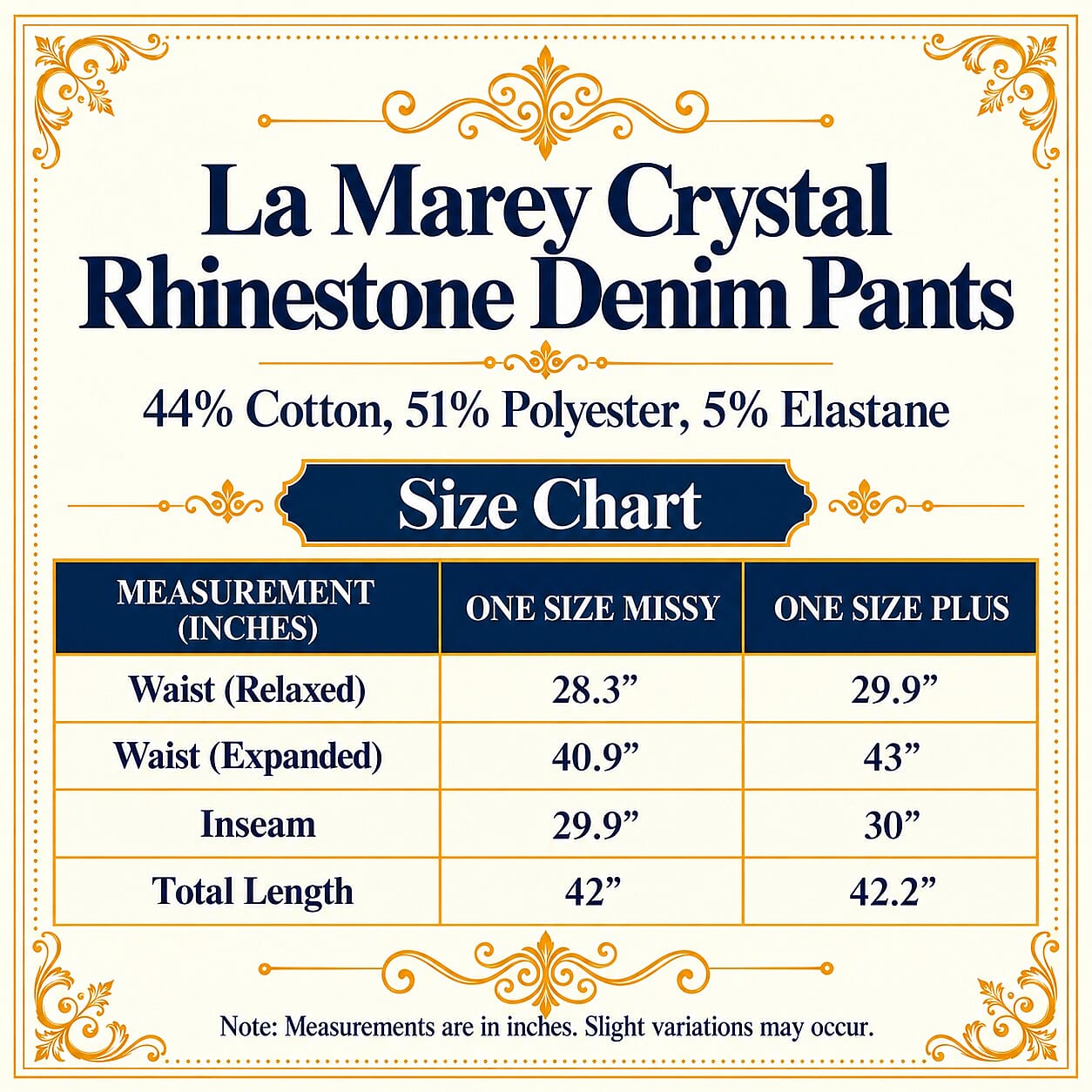 La Marey Dark Blue Crystal Rhinestone Denim Pant - One Size Missy