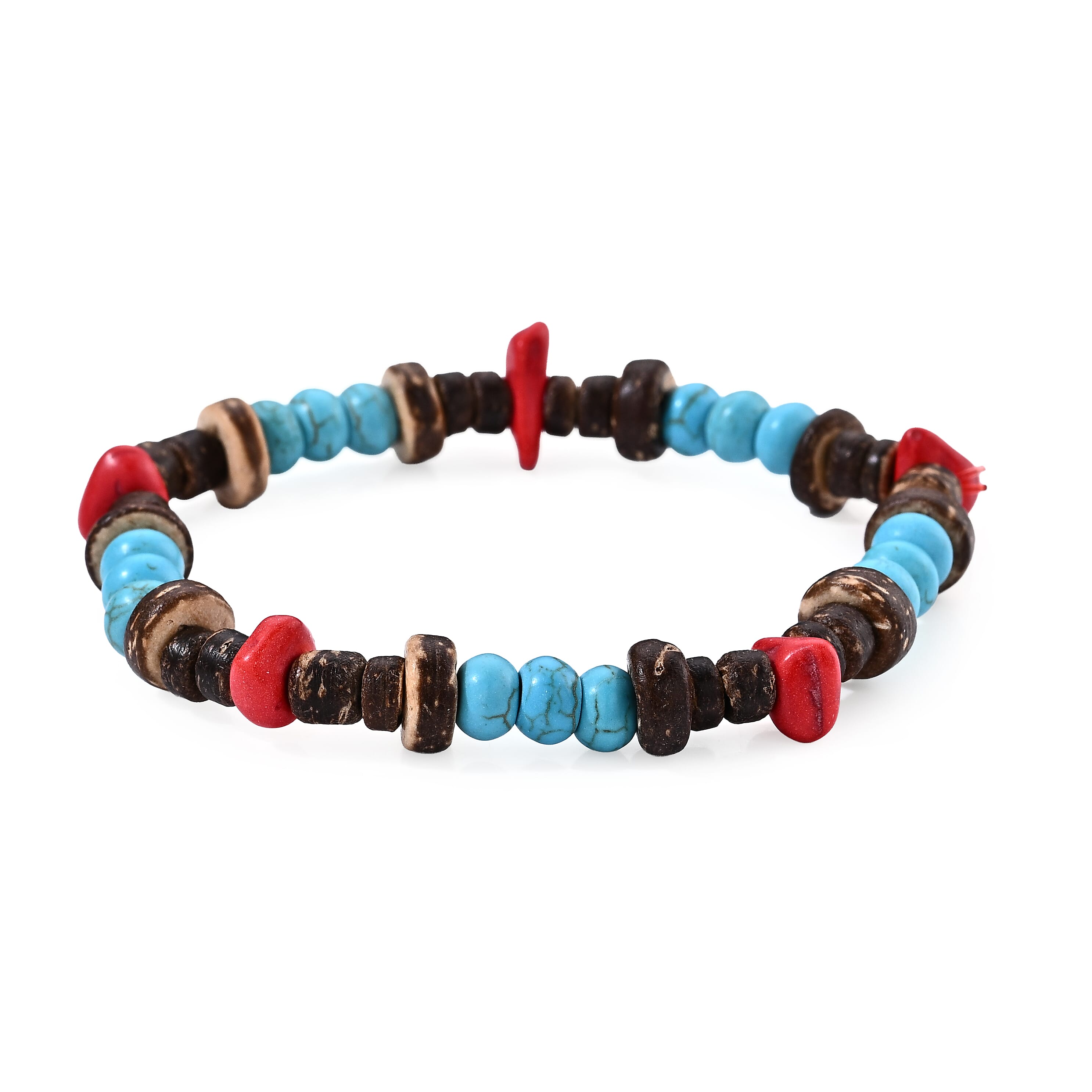 Turquoise and Red Jasper 17.00 ctw Beaded Stretch Bracelet (6.5-7In)