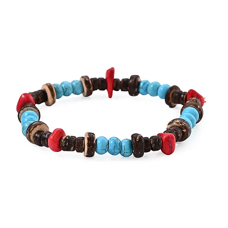 Turquoise and Red Jasper 17.00 ctw Beaded Stretch Bracelet (6.5-7In)