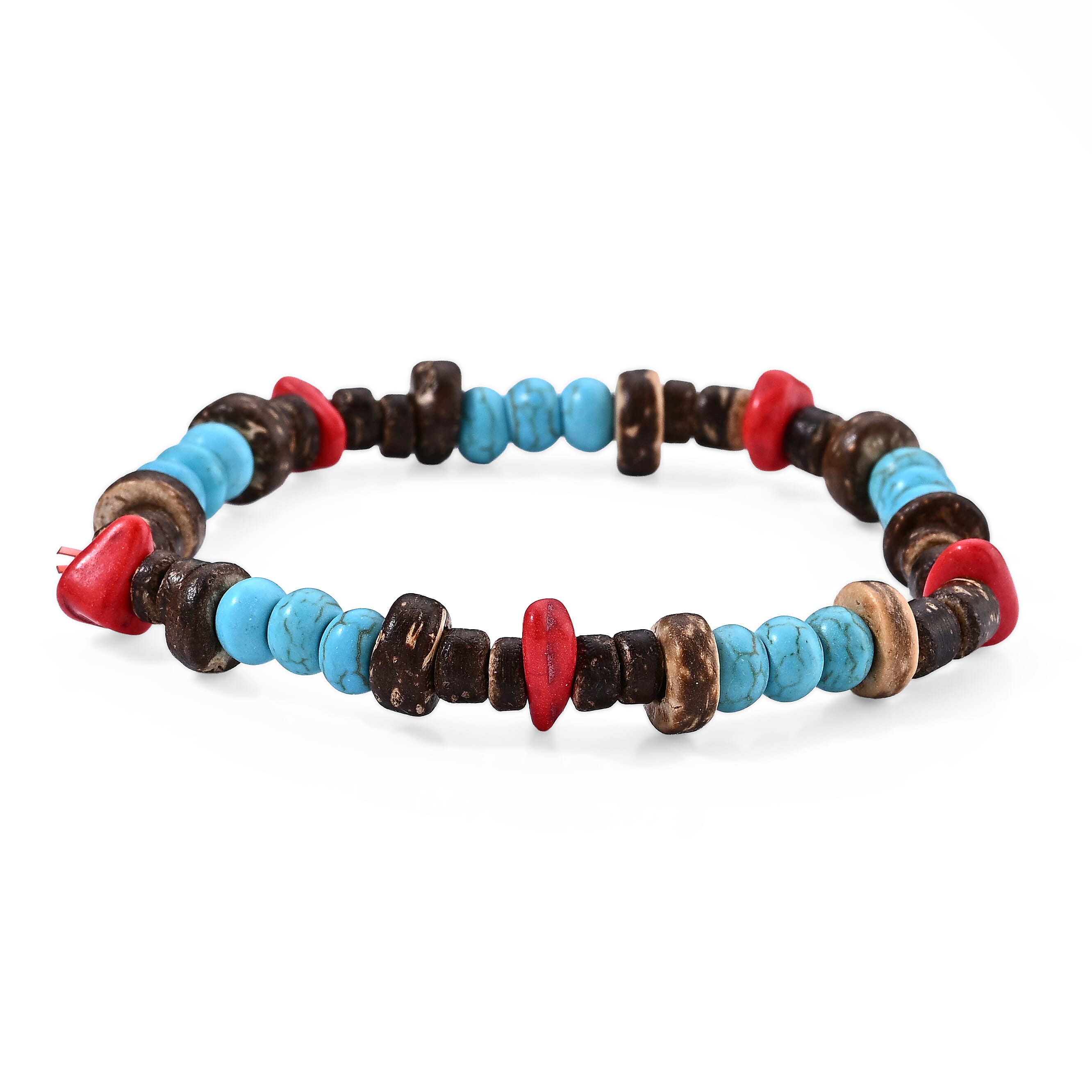 Turquoise and Red Jasper 17.00 ctw Beaded Stretch Bracelet (6.5-7In)