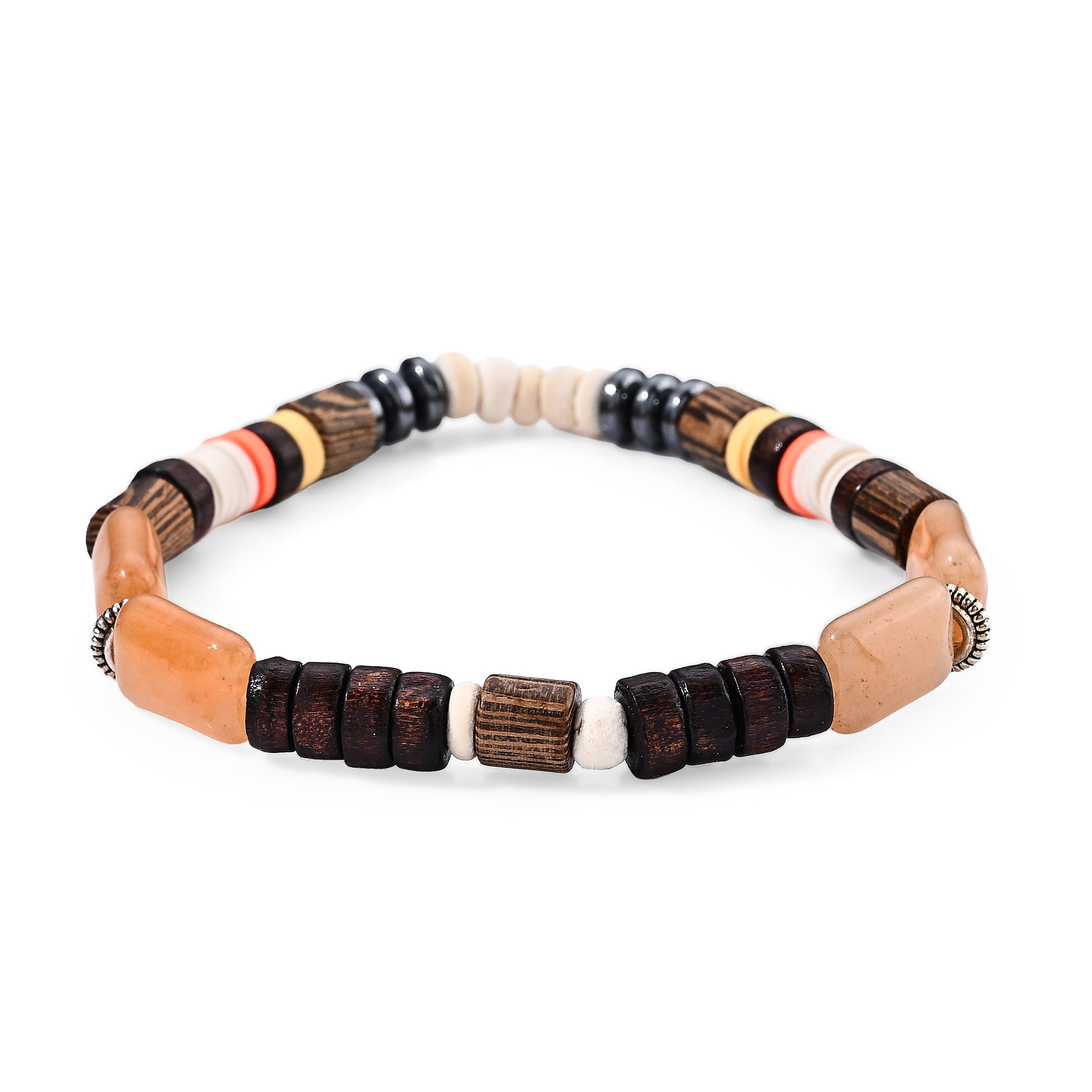 Hematite, Jasper and Coconut Shell 14.00 ctw Beaded Stretch Bracelet (6.5-7In) in Silvertone