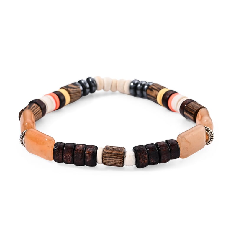 Hematite, Jasper and Coconut Shell 14.00 ctw Beaded Stretch Bracelet (6.5-7In) in Silvertone