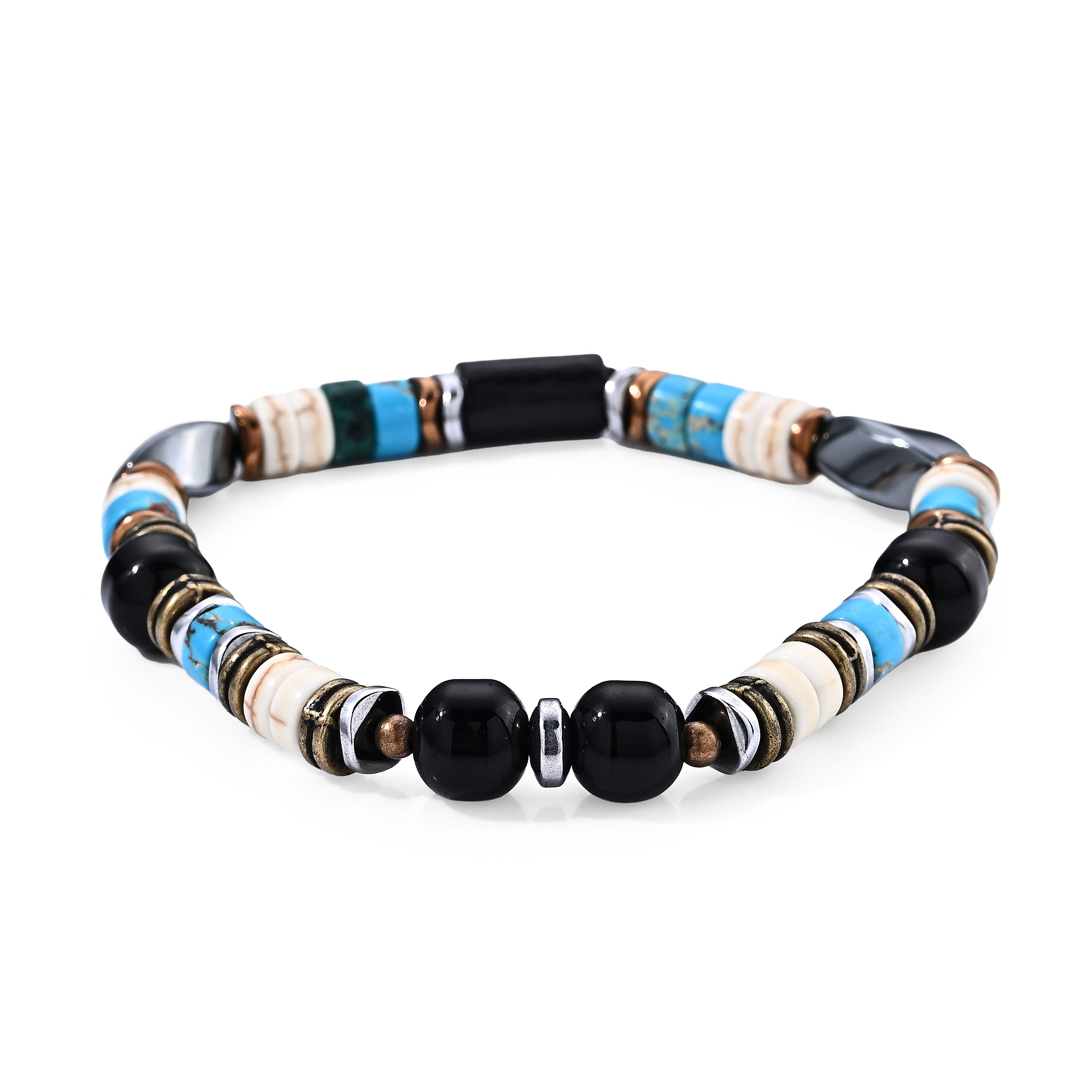 Hematite, Glass and Turquoise 22.00 ctw Beaded Stretch Bracelet (6.5-7In) in Goldtone