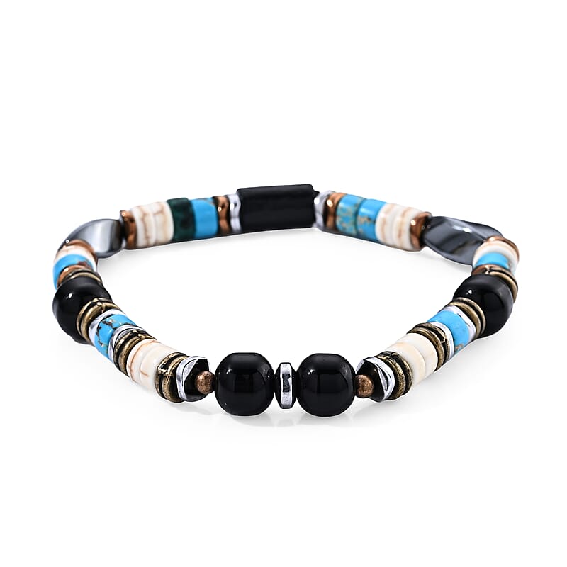 Hematite, Glass and Turquoise 22.00 ctw Beaded Stretch Bracelet (6.5-7In) in Goldtone