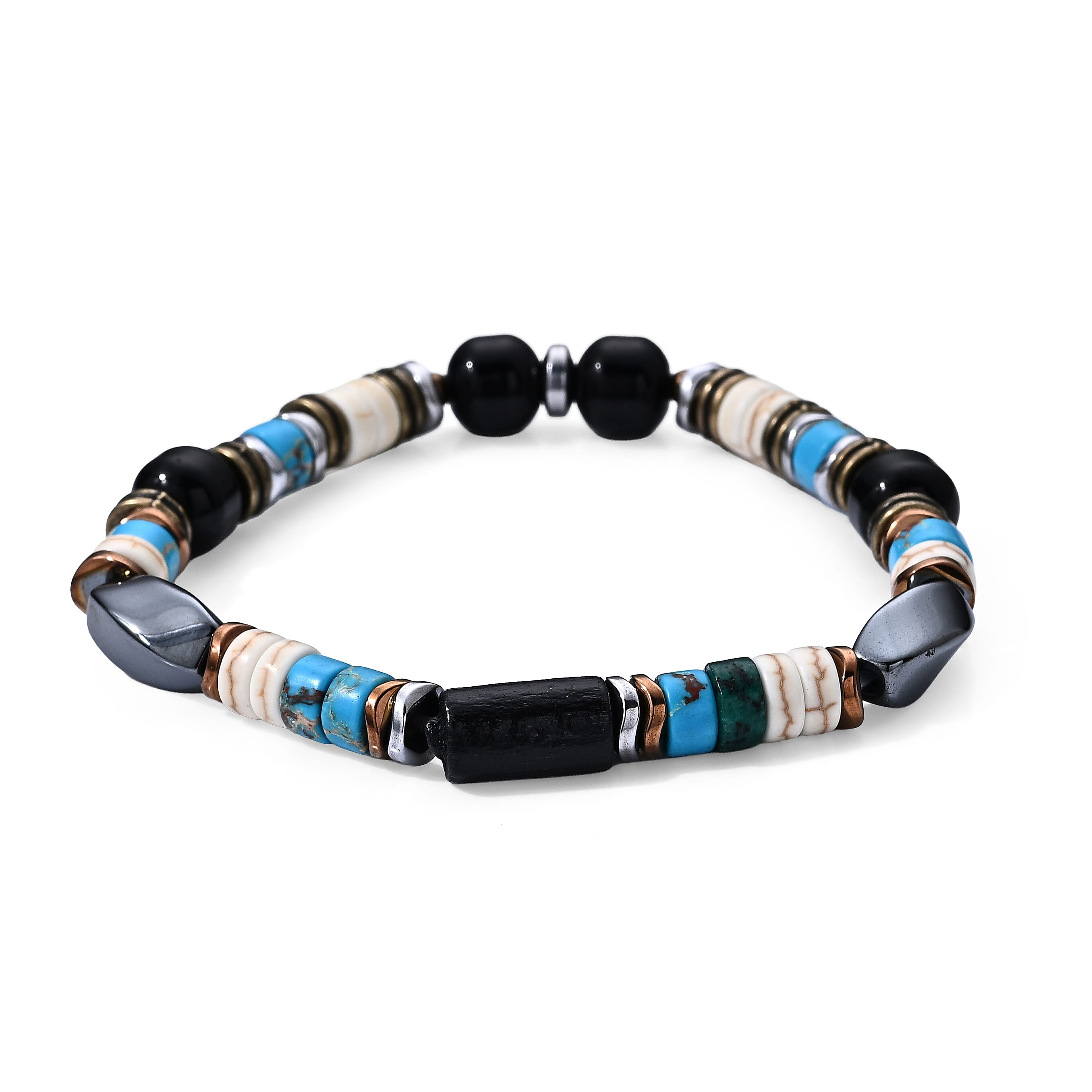 Hematite, Glass and Turquoise 22.00 ctw Beaded Stretch Bracelet (6.5-7In) in Goldtone