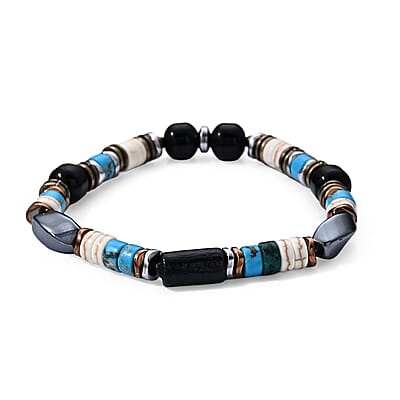 Hematite, Glass and Turquoise 22.00 ctw Beaded Stretch Bracelet (6.5-7In) in Goldtone