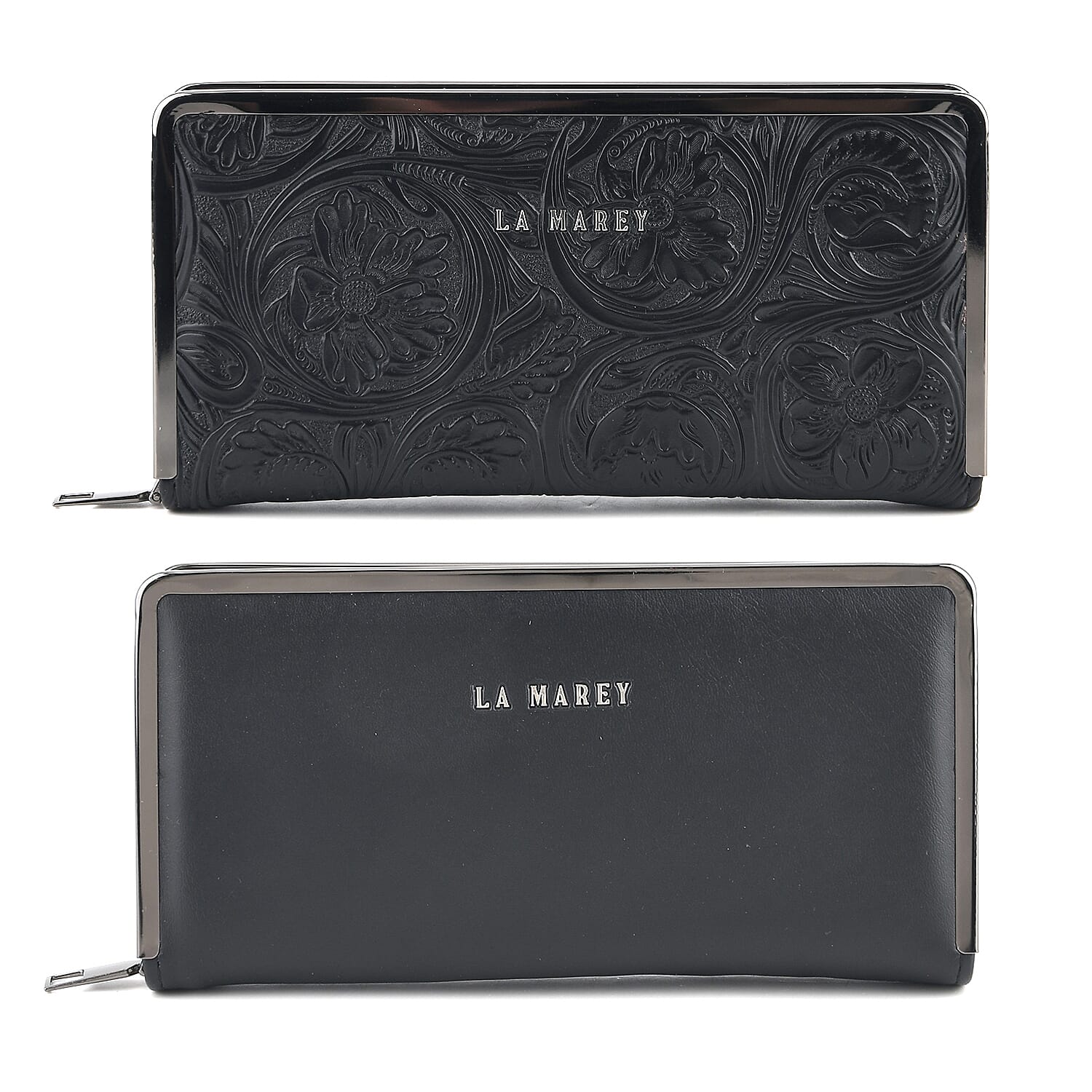 La Marey Set of 2 Black Embossed and Solid Faux Leather RFID Wallet