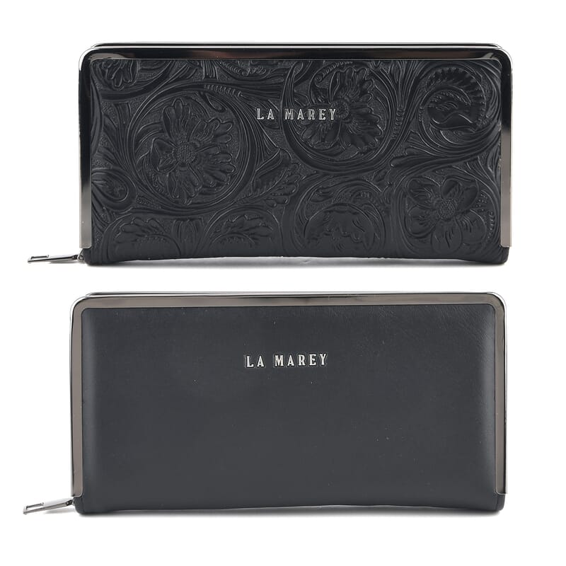 La Marey Set of 2 Black Embossed and Solid Faux Leather RFID Wallet