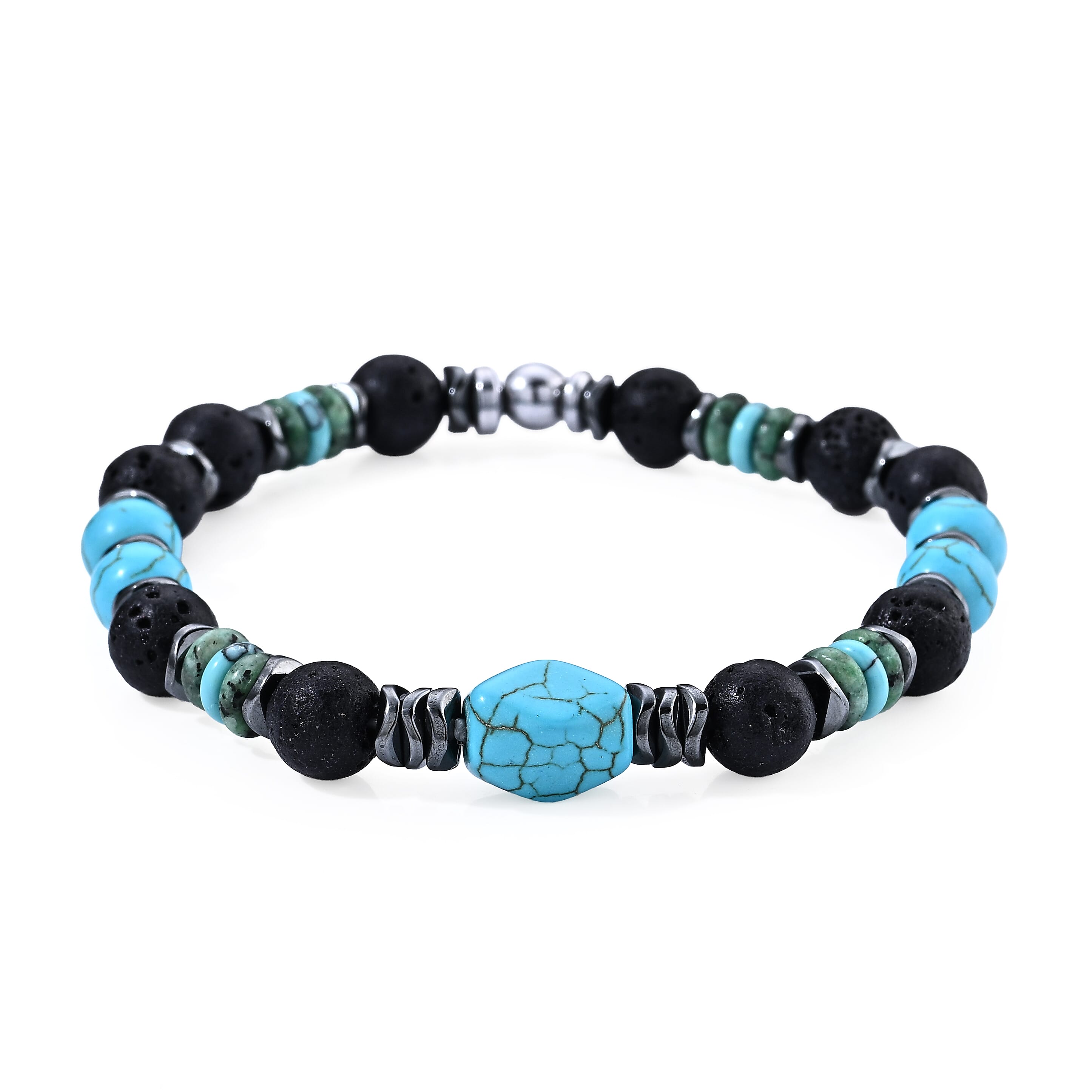 Hematite, Lava and Turquoise 45.00 ctw Beaded Stretch Bracelet (7-7.5In) in Silvertone