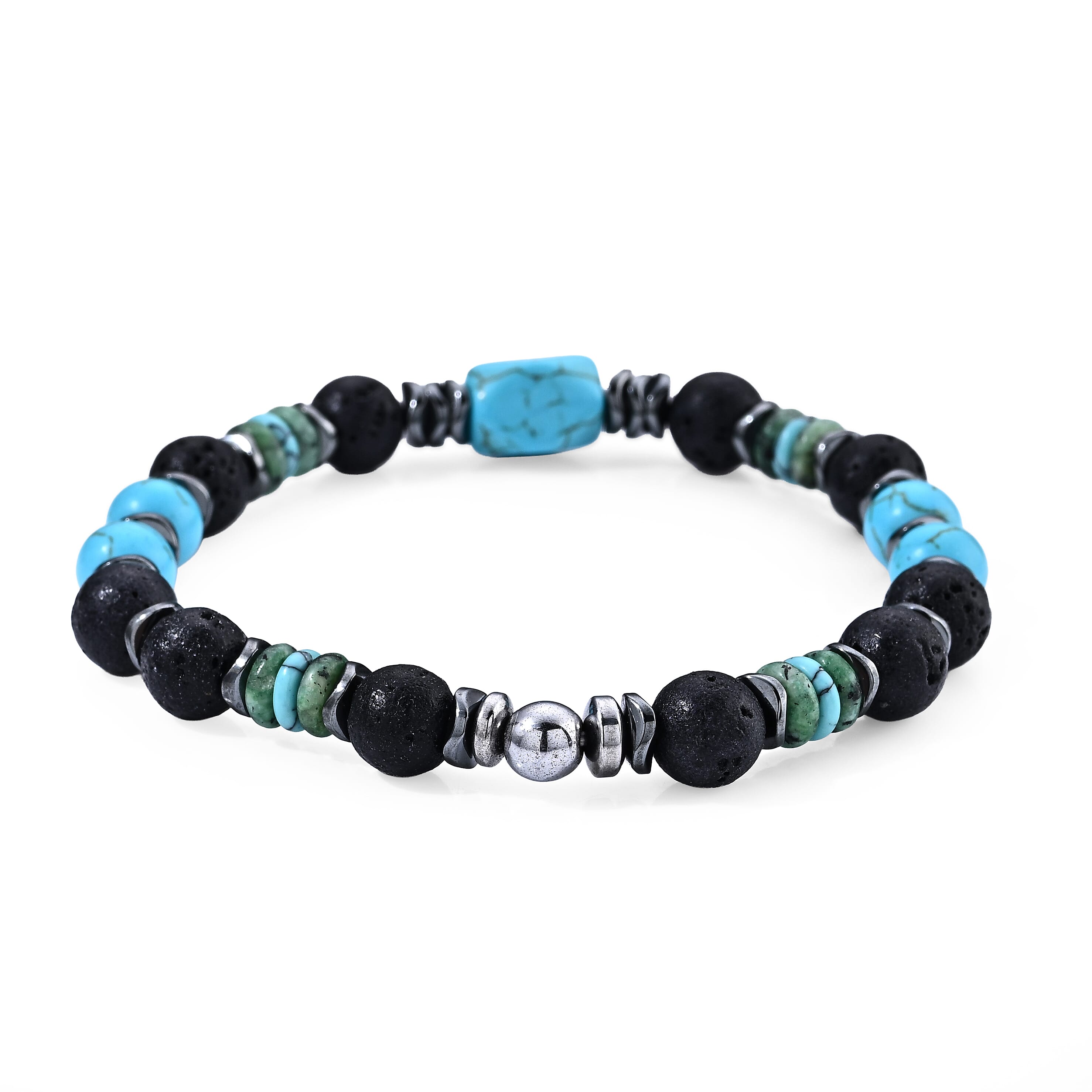 Hematite, Lava and Turquoise 45.00 ctw Beaded Stretch Bracelet (7-7.5In) in Silvertone