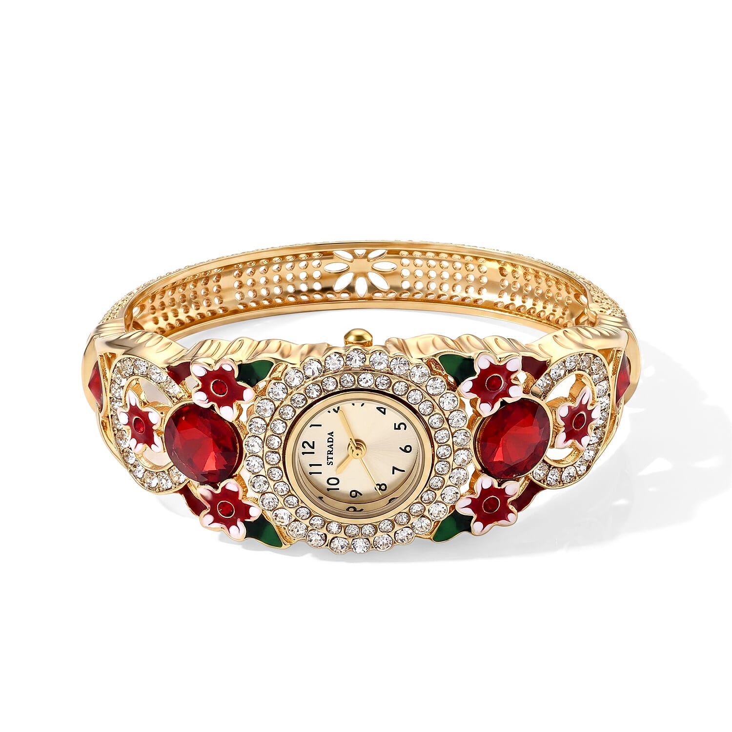Strada Red Glass, Red Austrian Crystal Multi Color Enameled Floral Bangle Watch in Goldtone