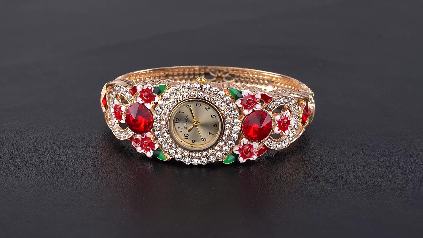 Strada Red Glass, Red Austrian Crystal Multi Color Enameled Floral Bangle Watch in Goldtone