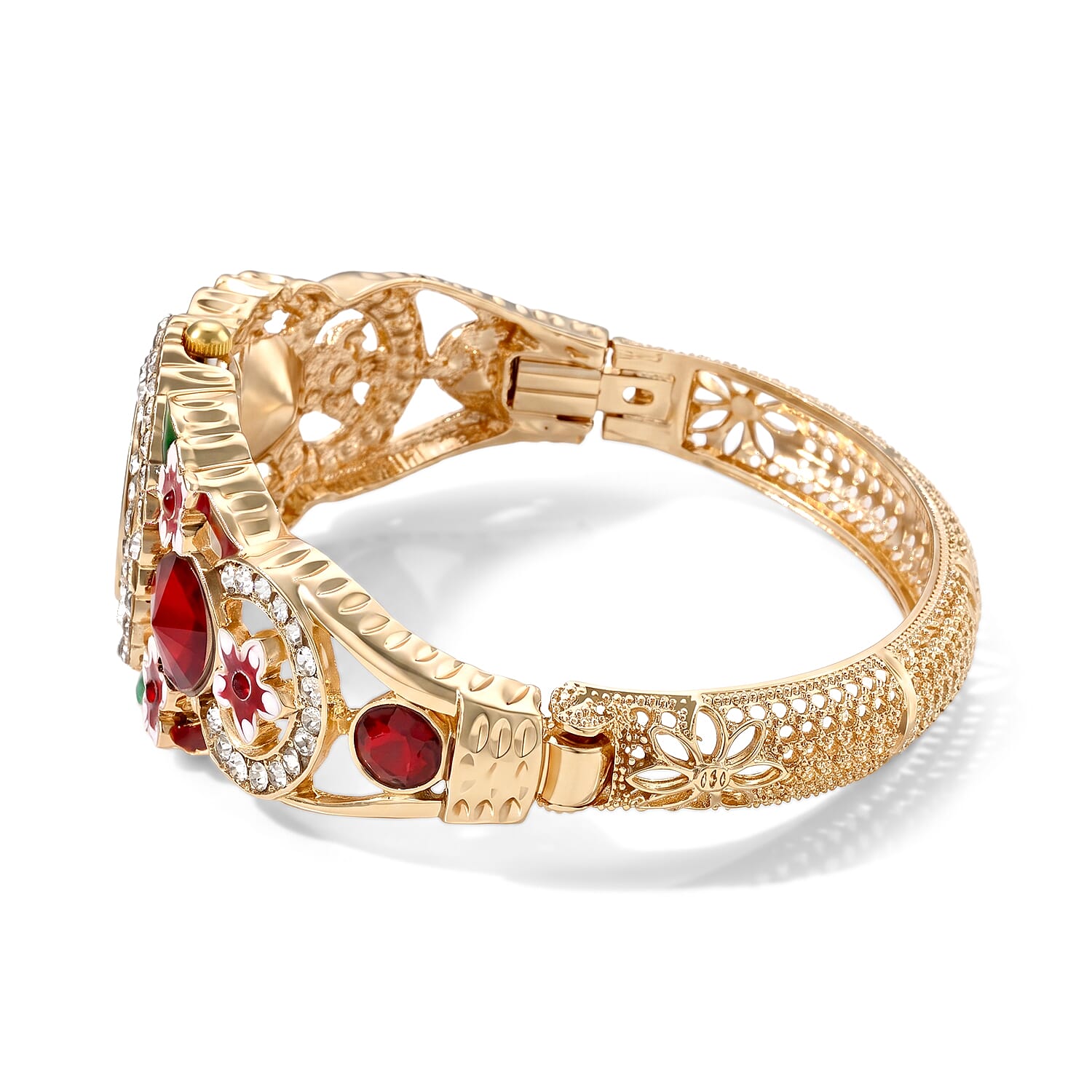 Strada Red Glass, Red Austrian Crystal Multi Color Enameled Floral Bangle Watch in Goldtone