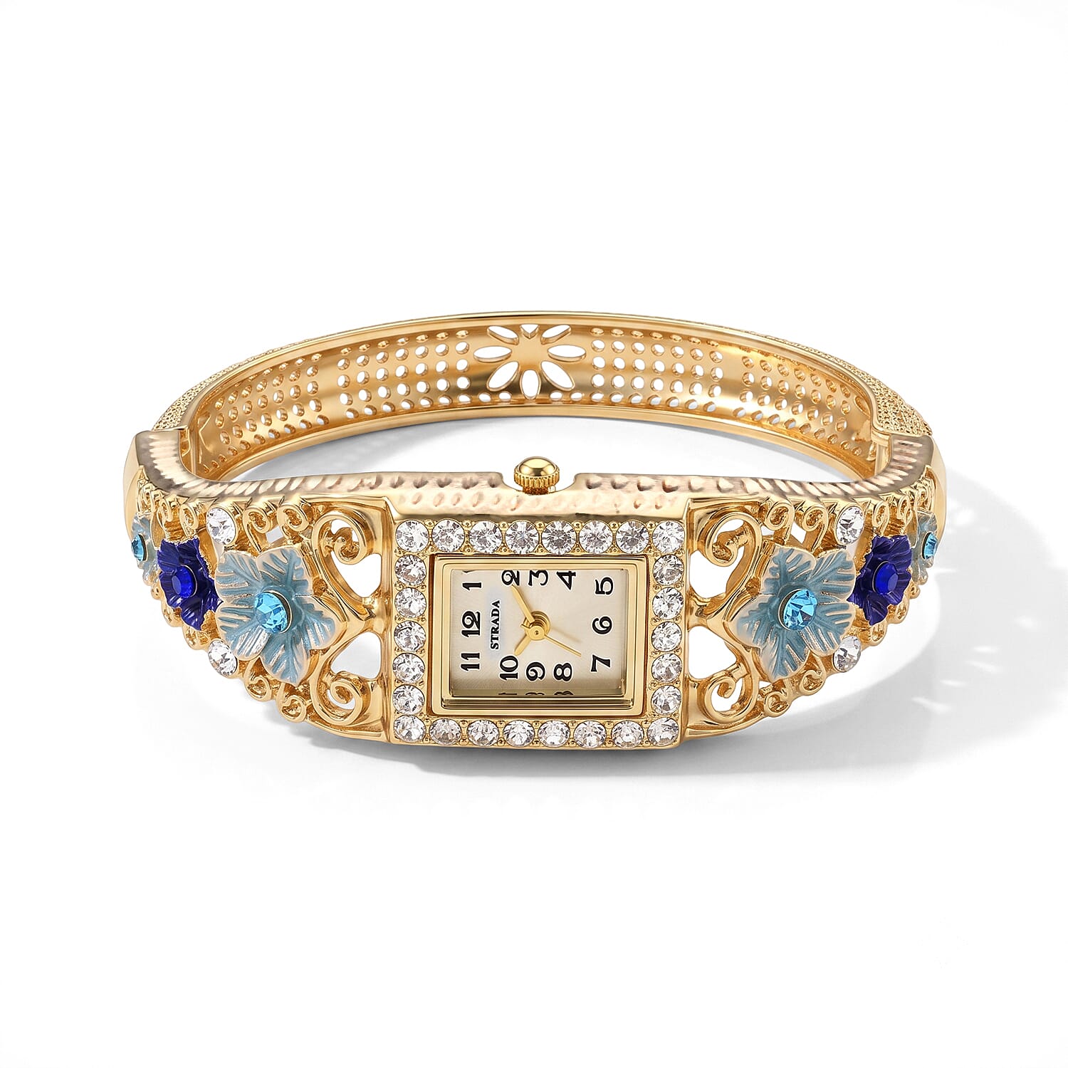 Strada Blue and White Austrian Crystal, Blue Floral Bangle Watch in Goldtone