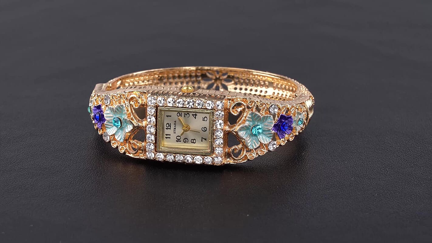 Strada Blue and White Austrian Crystal, Blue Floral Bangle Watch in Goldtone