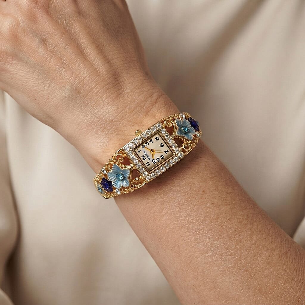 Strada Blue and White Austrian Crystal, Blue Floral Bangle Watch in Goldtone