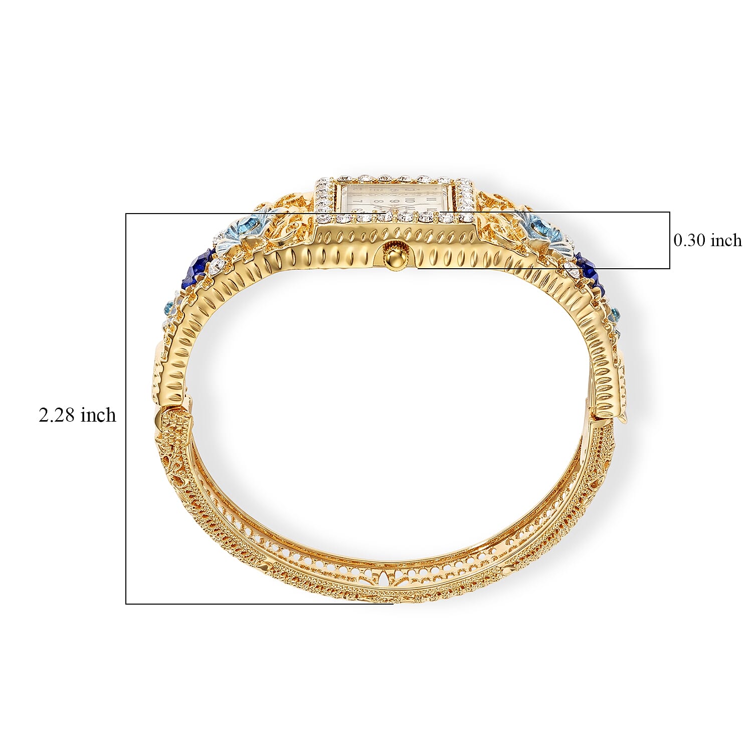 Strada Blue and White Austrian Crystal, Blue Floral Bangle Watch in Goldtone